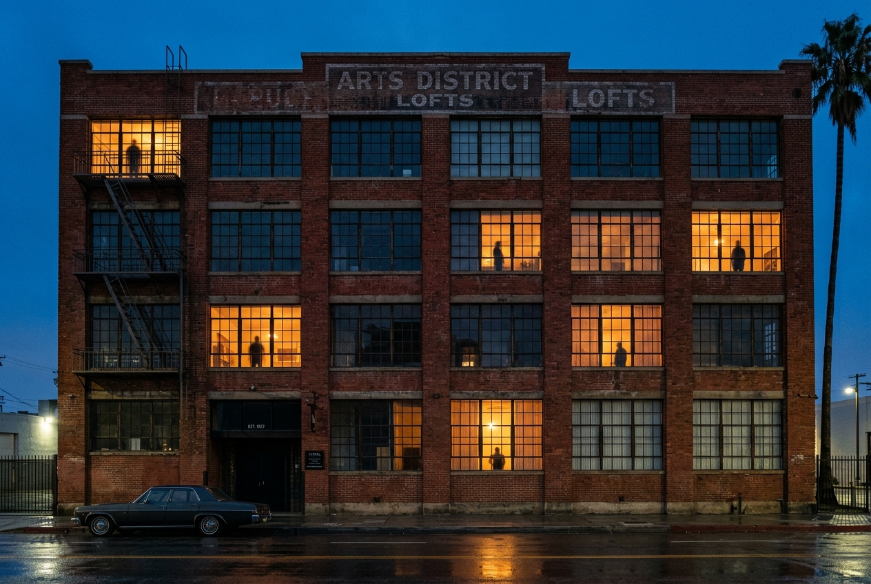 A downtown Los Angeles loft building at dusk with lit windows